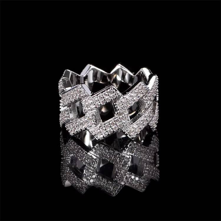 Fashion Hip Hop Stainless Steel Iced Out CZ Diamond Engagement Band Cuban Chain Ring for Men Women
