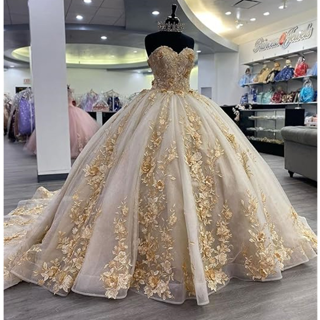 Glitter Tulle Quinceanera Dresses Floral 3D Flowers Applique Crystal Beads Off The Shoulder Corset Back Sweet 16 Dress Graduation Pageant Gowns