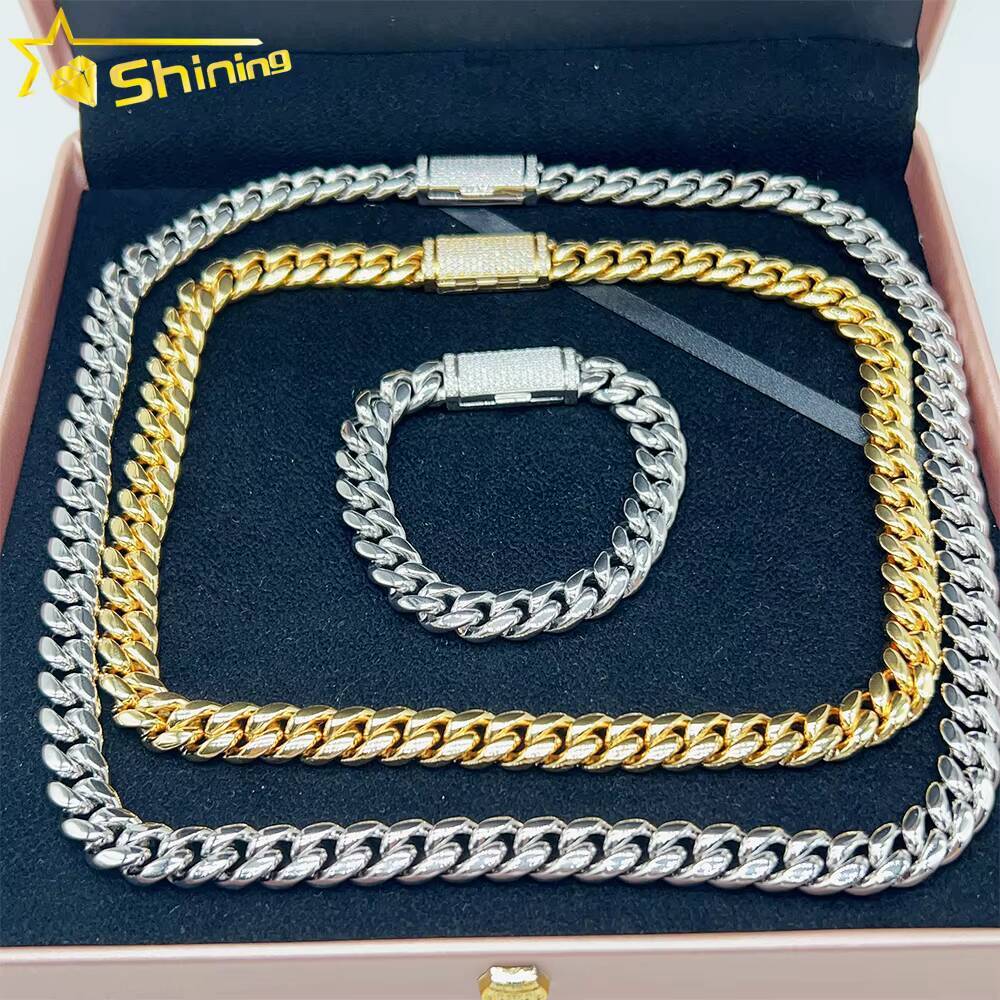 Hot Sale Miami Cuban Chain Stainless Steel Silver Moissanite Lock High Quality 10mm 12mm 14mm 18mm Cuban Necklace Bracelet