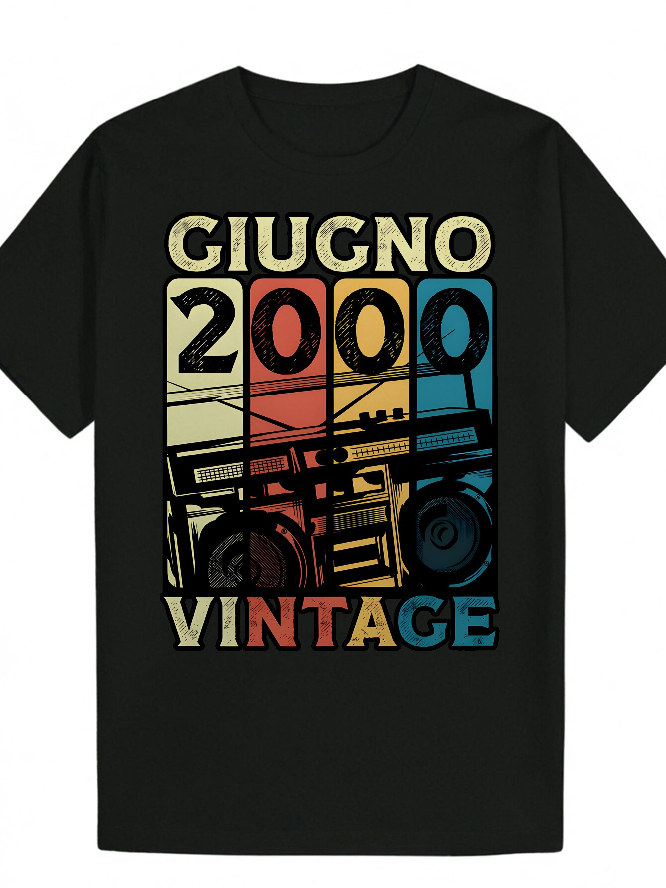 Men's Summer Casual Short Sleeve T-Shirt - Boombox Pattern and Bold Letter Print, Black Polyester Crew Neck T-Shirt, Machine Washable Regular Fit