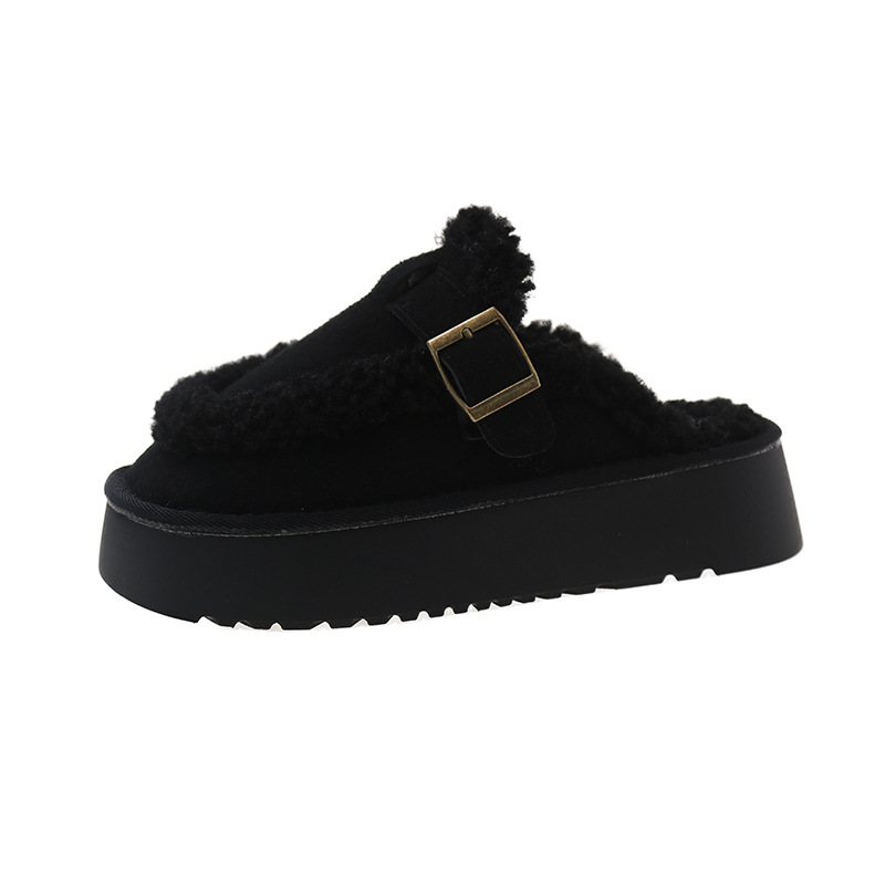 Women's Outdoor Cotton Slippers New 2025 Autumn/Winter Style Fleece-lined Fluffy Lazy One-step-on, Closed-toe Half Slippers