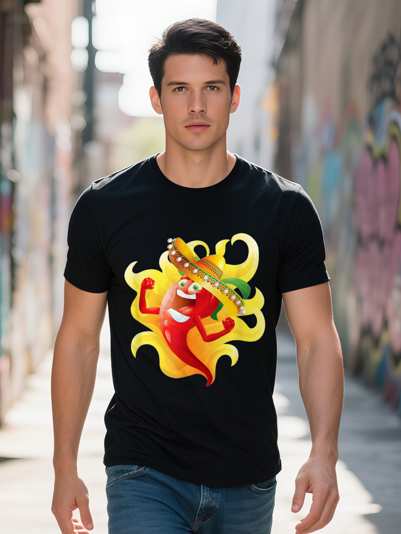 Adventures Men's Black Cotton T-Shirt On Fire Graphic Funny Hot Food Design Comfortable Fit Short Sleeve 1164a