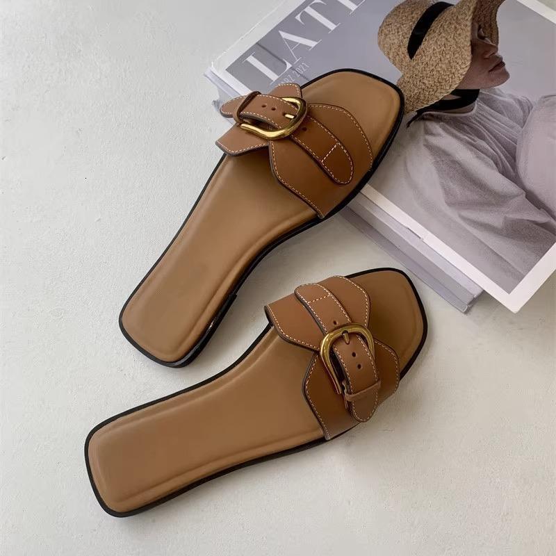 2025 New Metal Buckle One-strap Luxury Designer Sandals Women's Summer Outdoor Flat Fashion Sandals Square Toe Soft Sole Women's Slippers