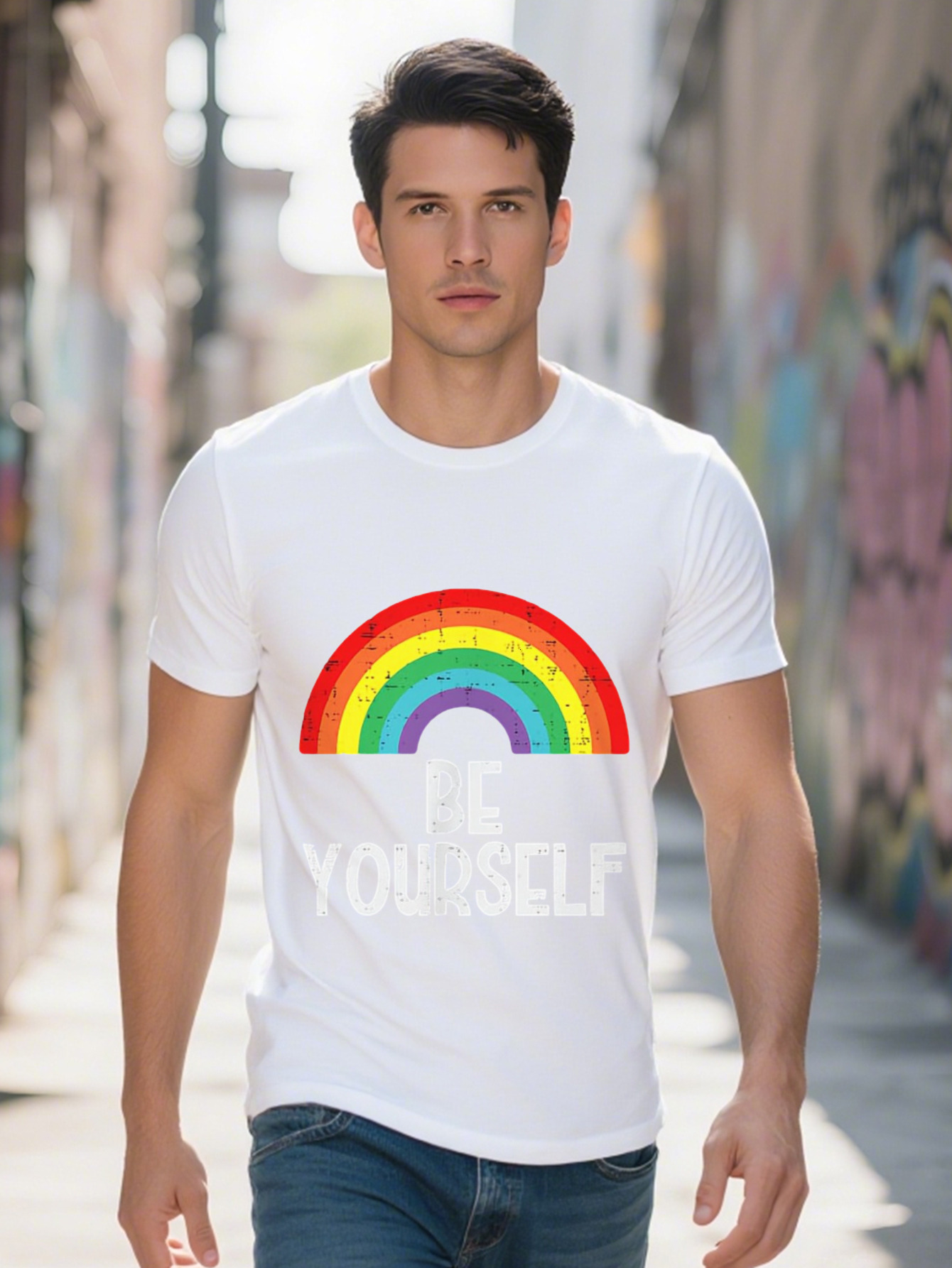 Men s Cotton T Shirt Be Yourself Rainbow Pride Design Black with Colorful Stripes White Text Casual Short 81567