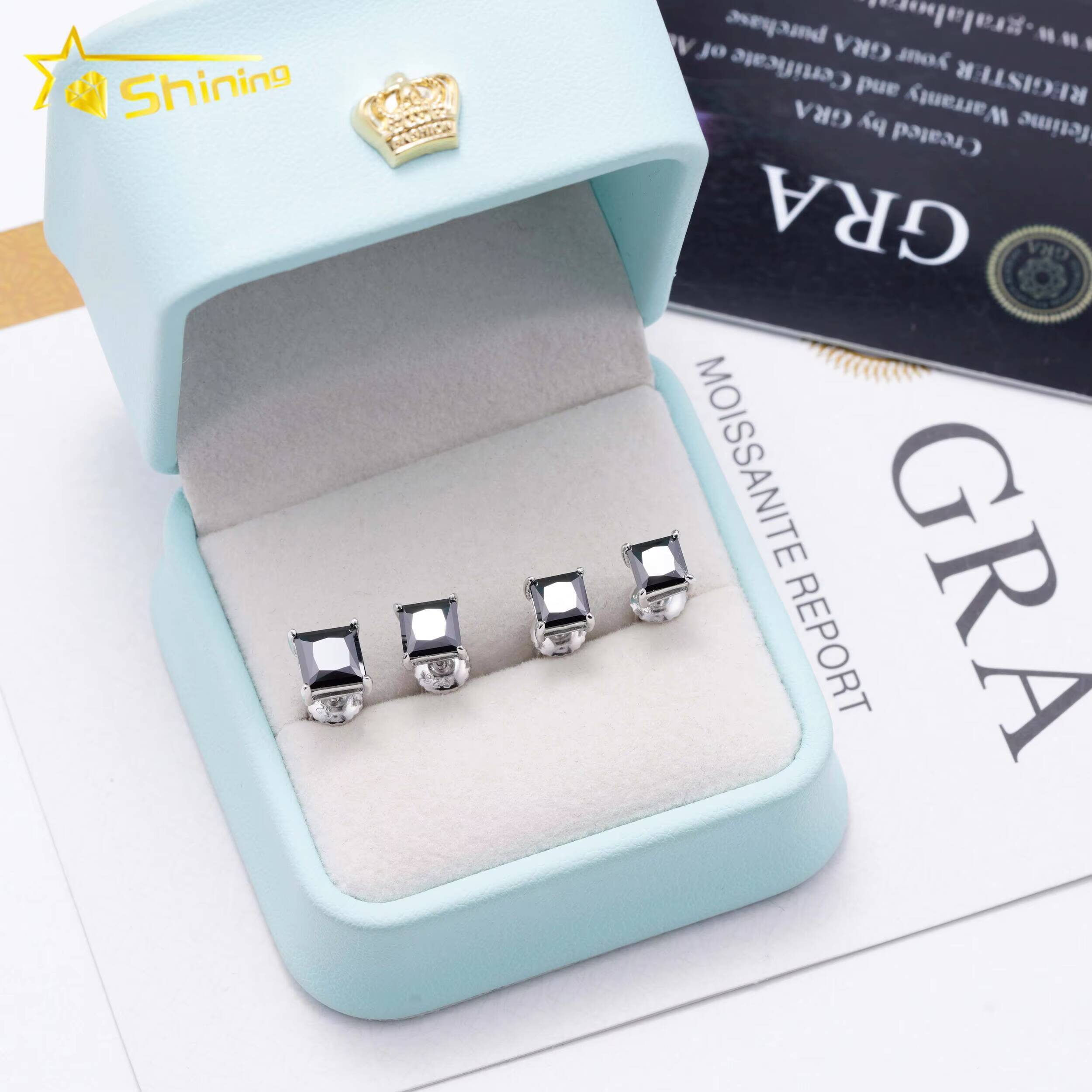 Hot Sale Pass Diamond Tester 925 Sterling Silver Screw Back Hip Hop Princess Cut Black Moissanite Earrings