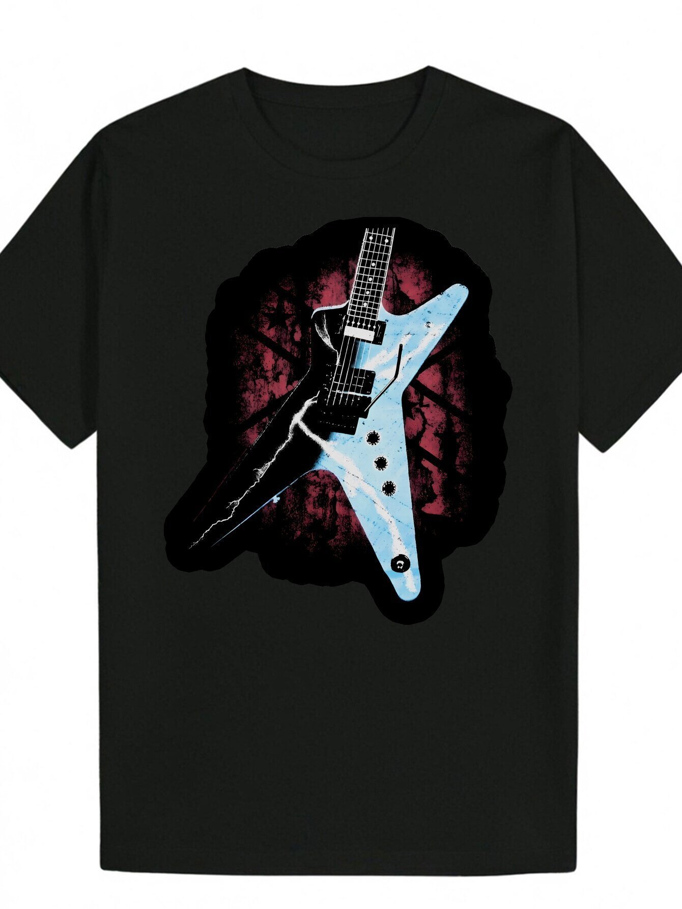 Men's Style Graphic Electric Guitar Design, Black Short Sleeve T-Shirt with Blue and White Decorations, Polyester, Machine Washable - Perfect Gif