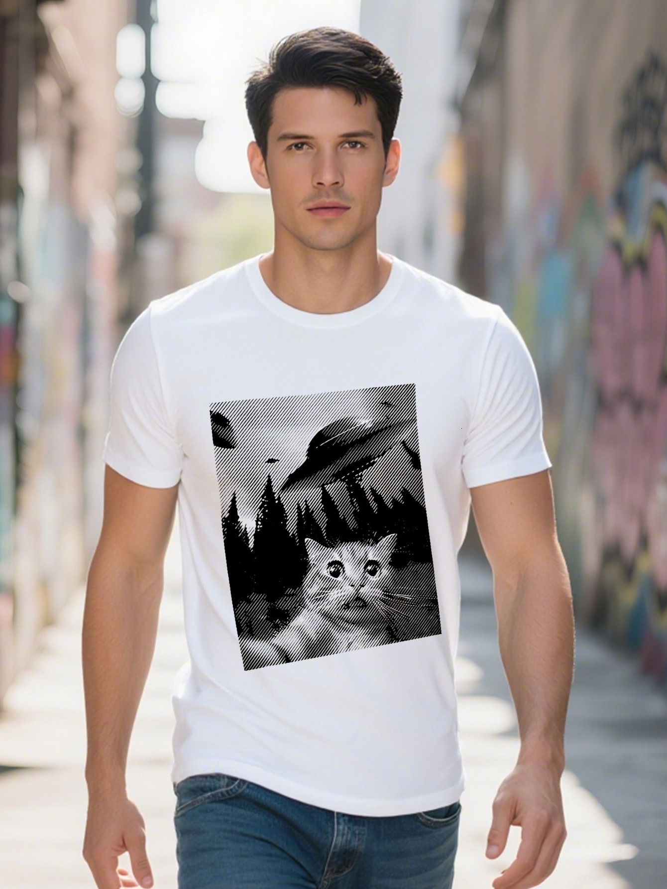 2024 Men's Women's Casual T-Shirt Cute Cat UFO Print Short Sleeve Loose Fit Polyester Blend Washable