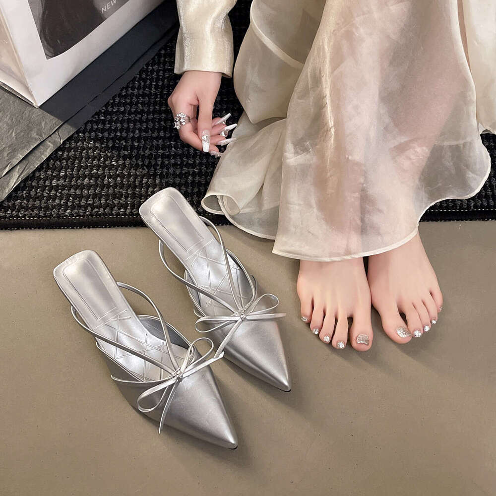 2025 Summer New Slimming Thin High designer shoes Heels Pointed Mid Heel Closed Toe Half Slippers Women's Sandals