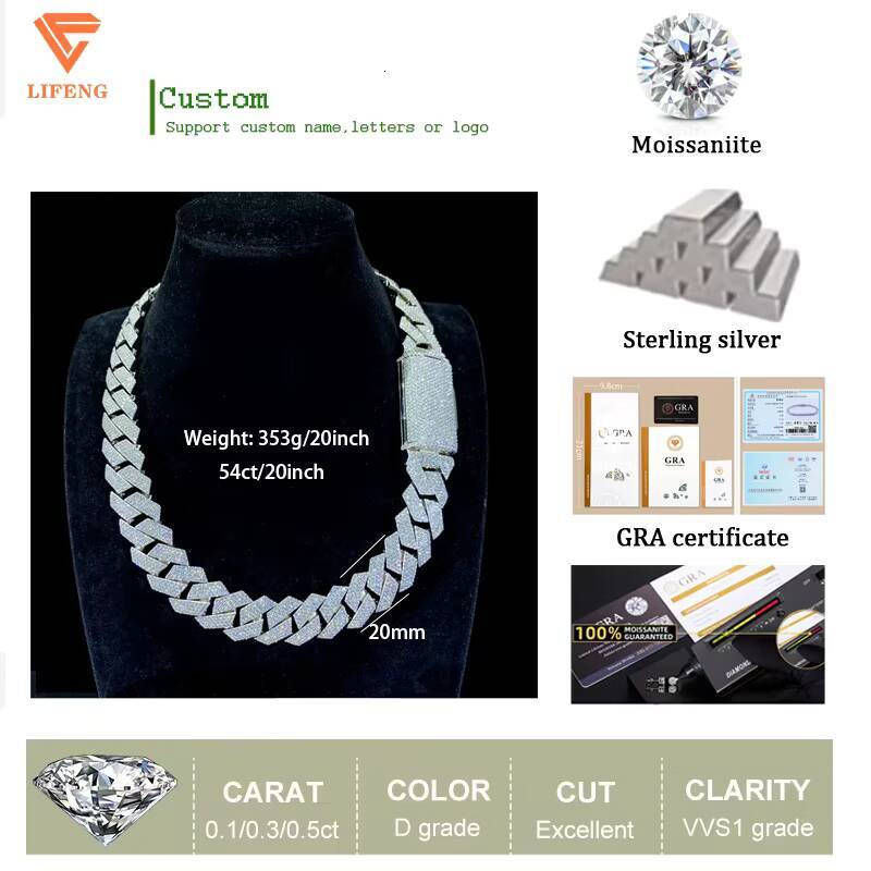 Moissanite Necklace Custom Lock 20mm Cuban Link Chain Ice Out Moissanite Chain Men Silver 925 Hiphop Cuban Link Necklace