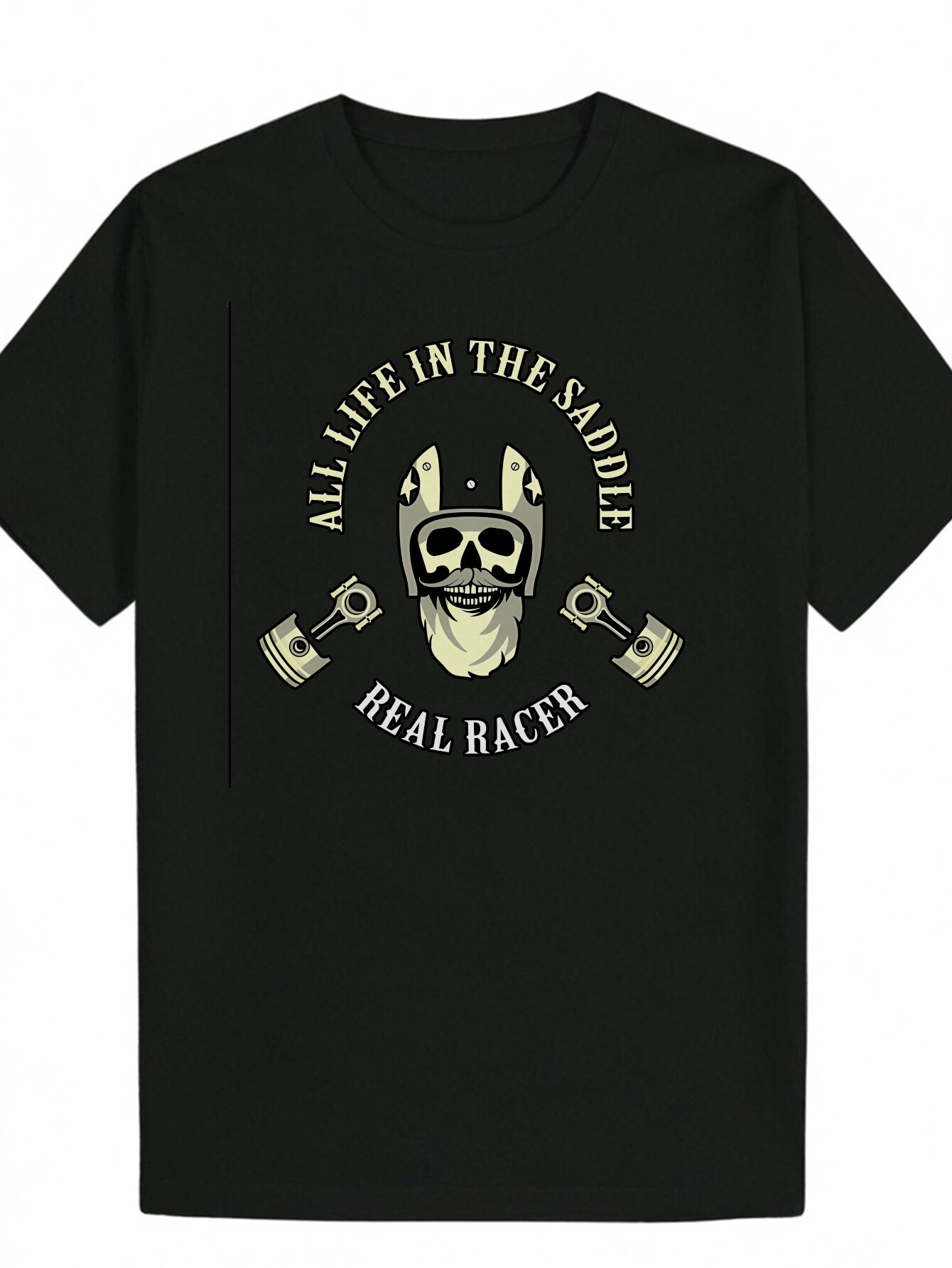 Men's Summer T-Shirt, and Motorcycle Design - "All Life in the Saddle, Real Racer" Print, Crew Neck, Polyester, Casual Wear Skull Print