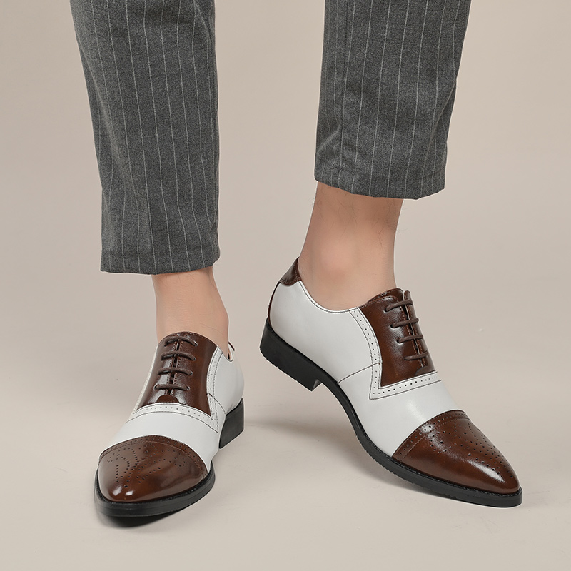 20411- New British color blocked lace up pointed block leather shoes for hairstylists, trendy men's shoes, low cut casual versatile single shoes