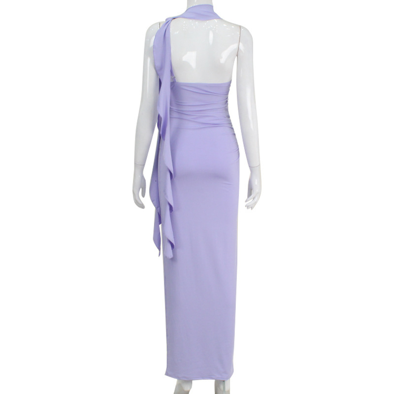 2025 European and American hot selling women's S shoulder sexy backless pure desire elegant tight high waisted satin trend collar dress women