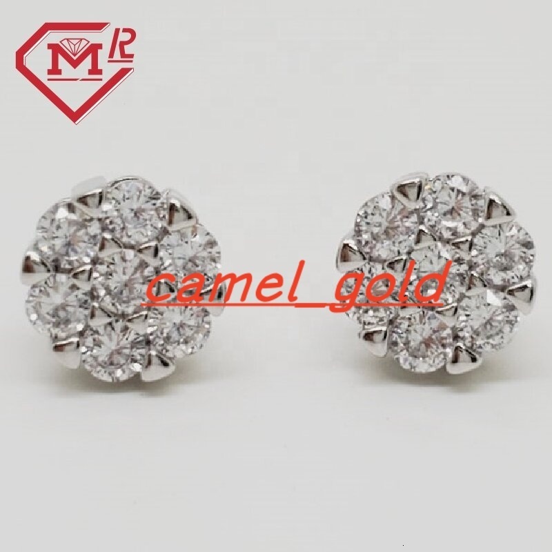 Flower Cluster Stud Earrings Round Moissanite Diamond 925 Sterling Silver Screw Back Hip Hop Earrings