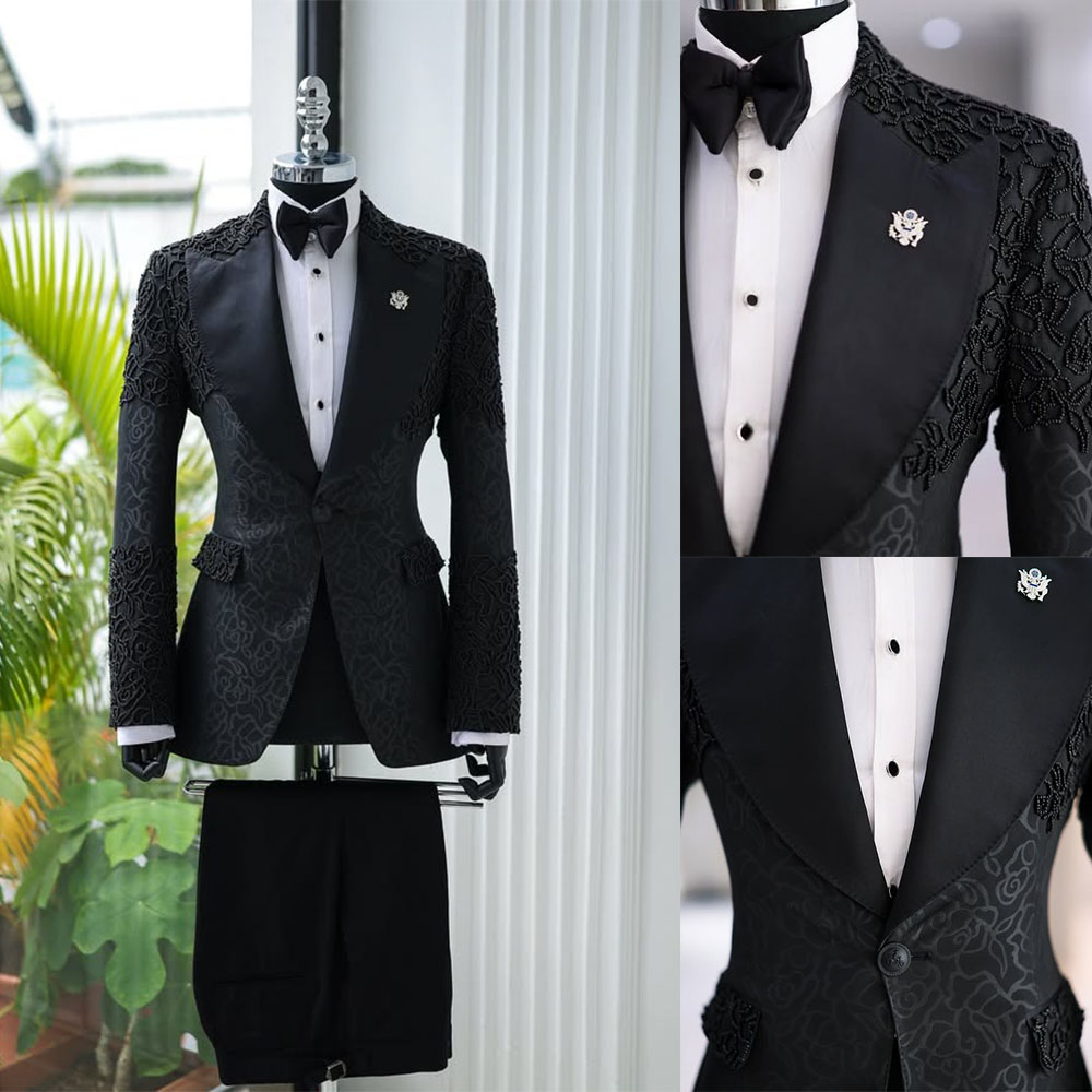 Vintage Men Suits Tailor-Made 2 Pieces Set Beading Peaked Lapel Jacket Jacquard Blazer One Button Groom Customized Coat Pants Size