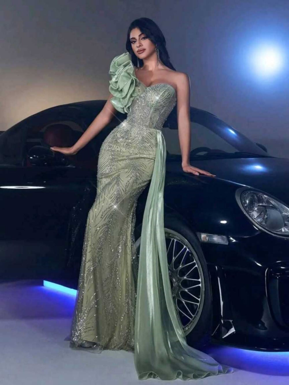 Sparkly Evening Dresses For Women One Shoulder Sleeveless Gown Sequins Lace Sweep Train Dress Party Customized