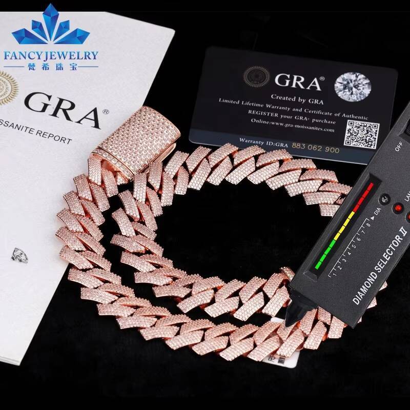 Drop Shipping Rose Gold Plated 925 Silver 4 Rows Hip Hop Iced Out Classical Style Chain 16mm 18mm 20mm Cuban Link Necklace GRA