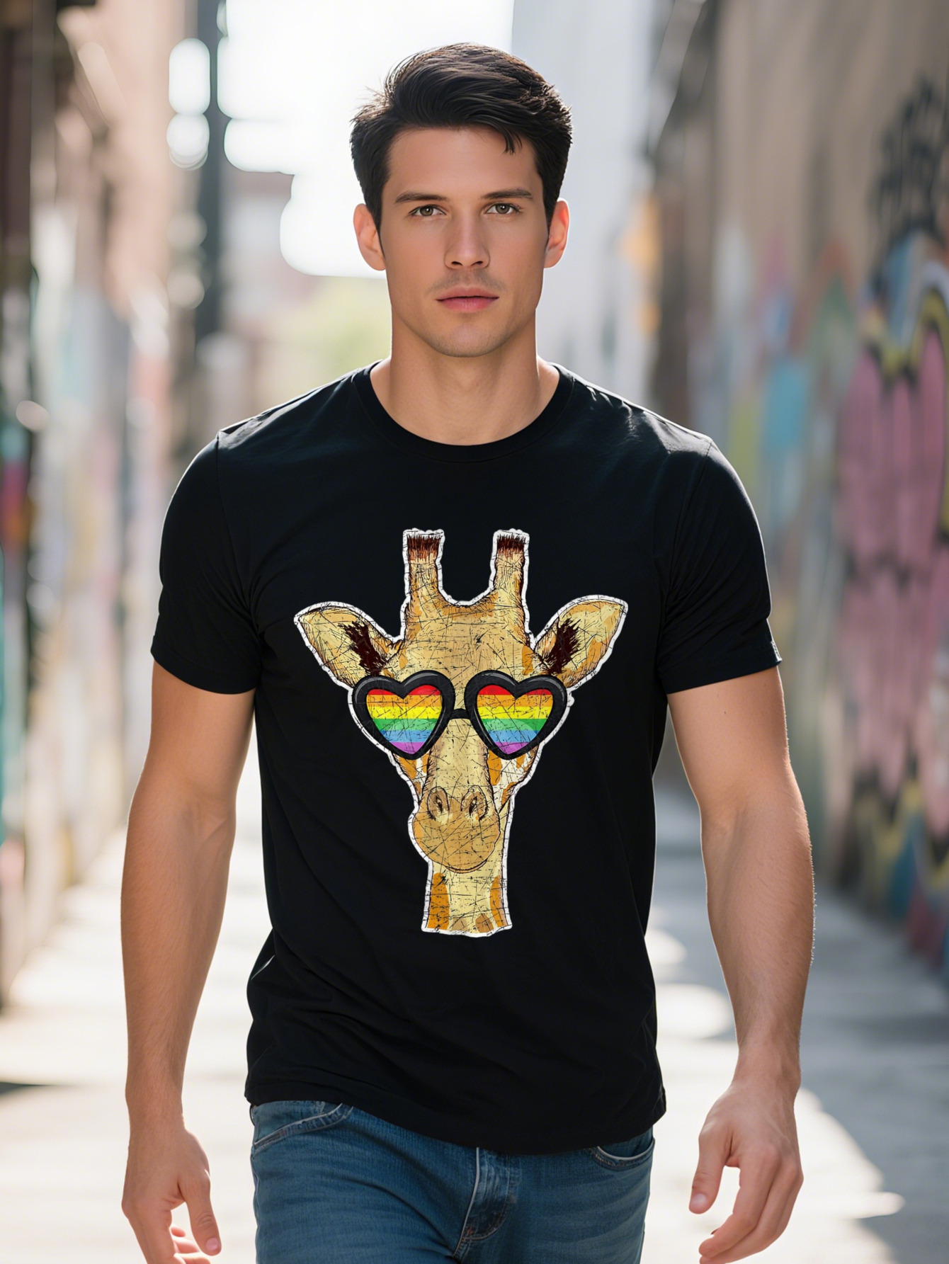 Retro Giraffe With Colorful Sunglasses T Shirt G e789c 7d2dc