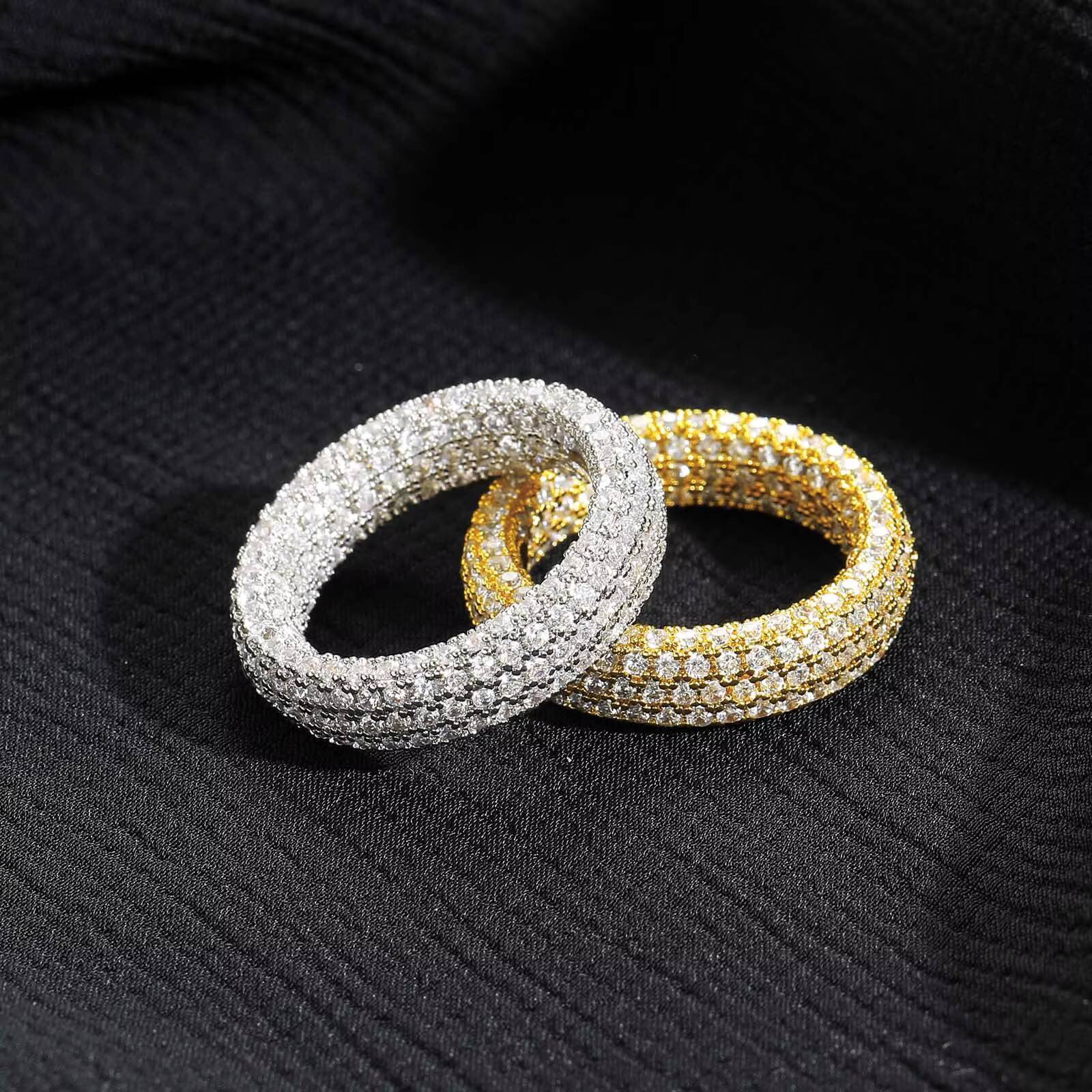 Fashion Iced Out Hip Hop Rings Simple Three Row Zircon Ring Gold Plated Brass Diamond Rings Jewelry Hip Hop for Men