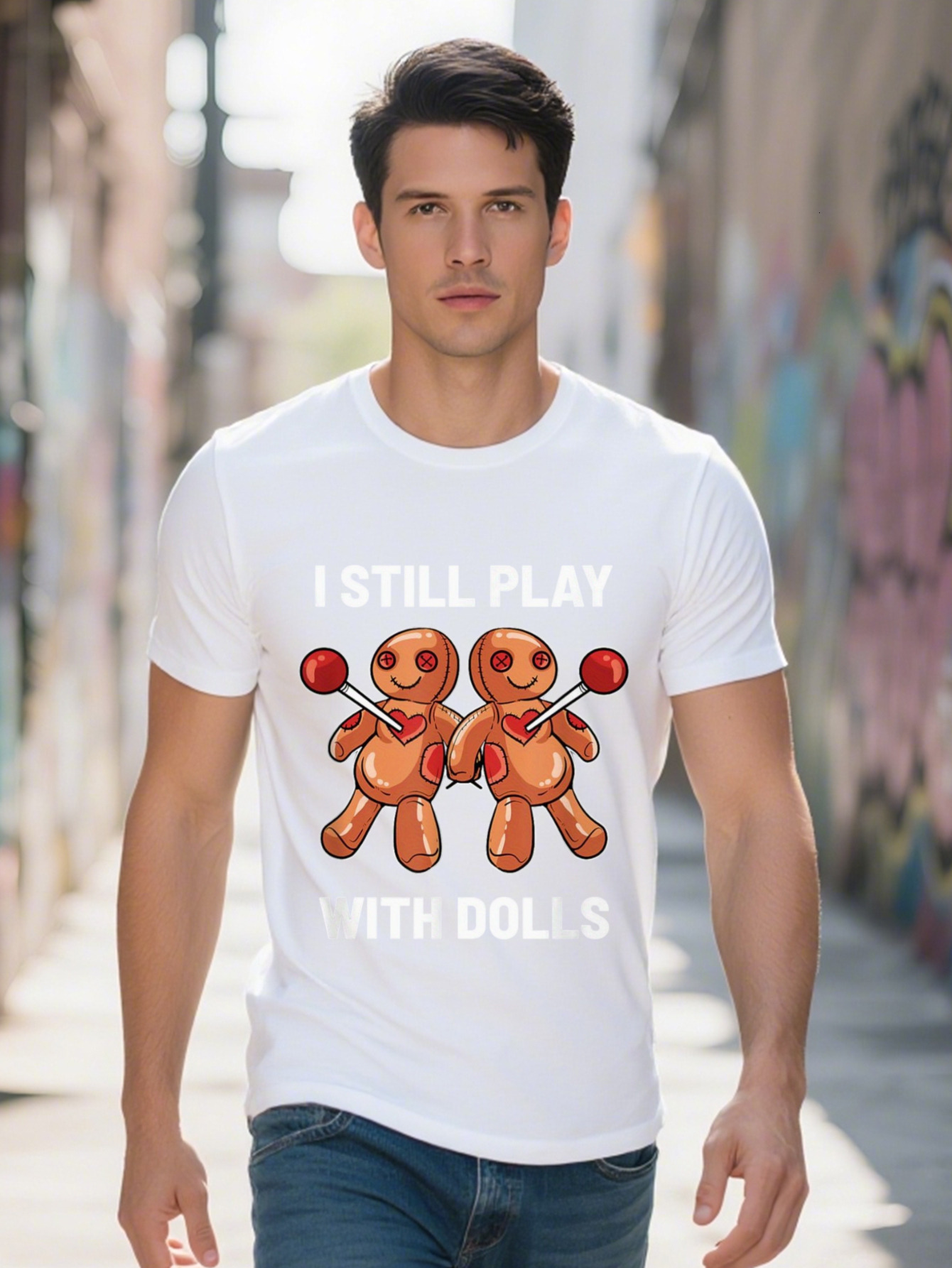 Men s I Still Play Dolls Funny Graphic T Shirt Cotton Black Casual Crew Neck Tee with Gingerbread Man Design aa8ff
