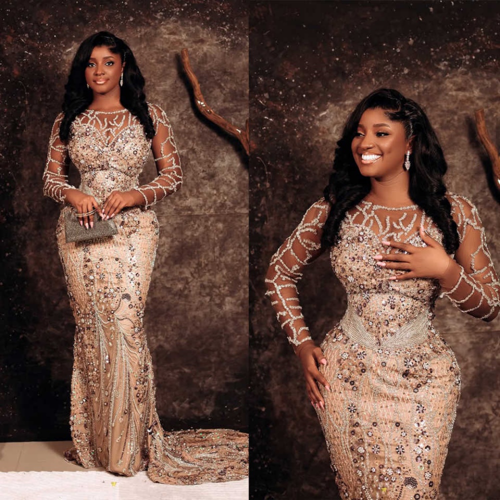 Elegant Evening Dresses Mermaid Large Crystal Celebrity Dress Long Sleeve Robe De Soiree Watteau Train Prom Gowns