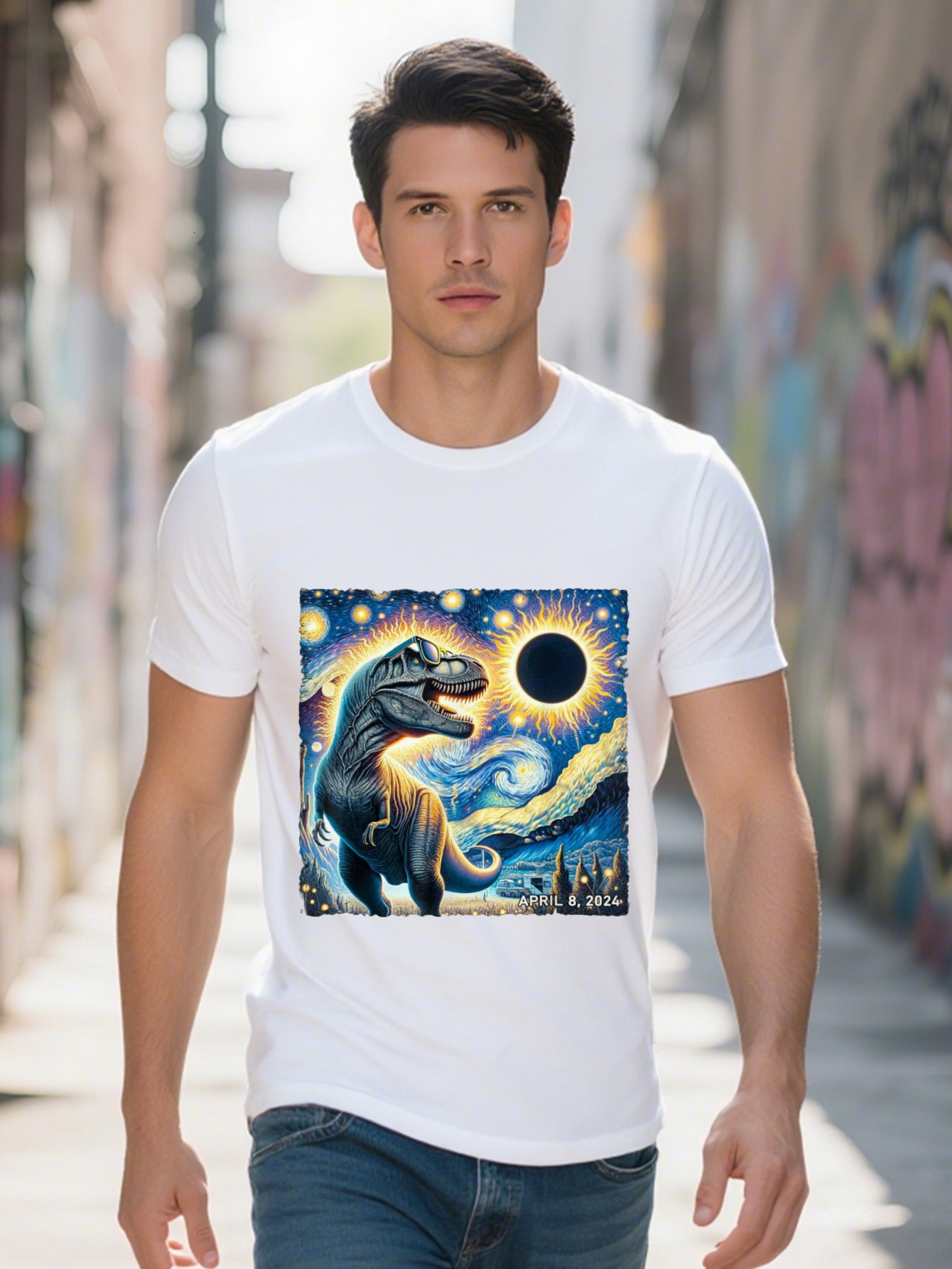 Men's T-Shirt Solar Eclipse Starry Night T-Rex Art Print Black Short Sleeve Tee for Animal Lovers Casual 035dc