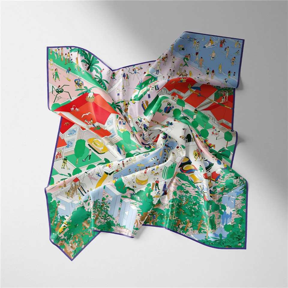 100% Twill Silk Scarf Wen Resort Print Square Scarves Wraps Bandana Small Hijab Silk Foards Tie Band Neckerchief 53CM X250804