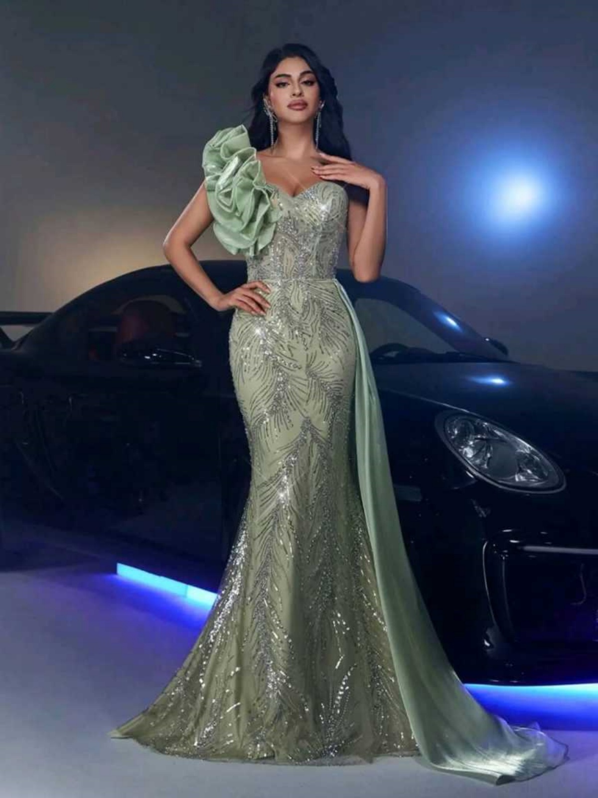 Sparkly Evening Dresses For Women One Shoulder Sleeveless Gown Sequins Lace Sweep Train Dress Party Customized
