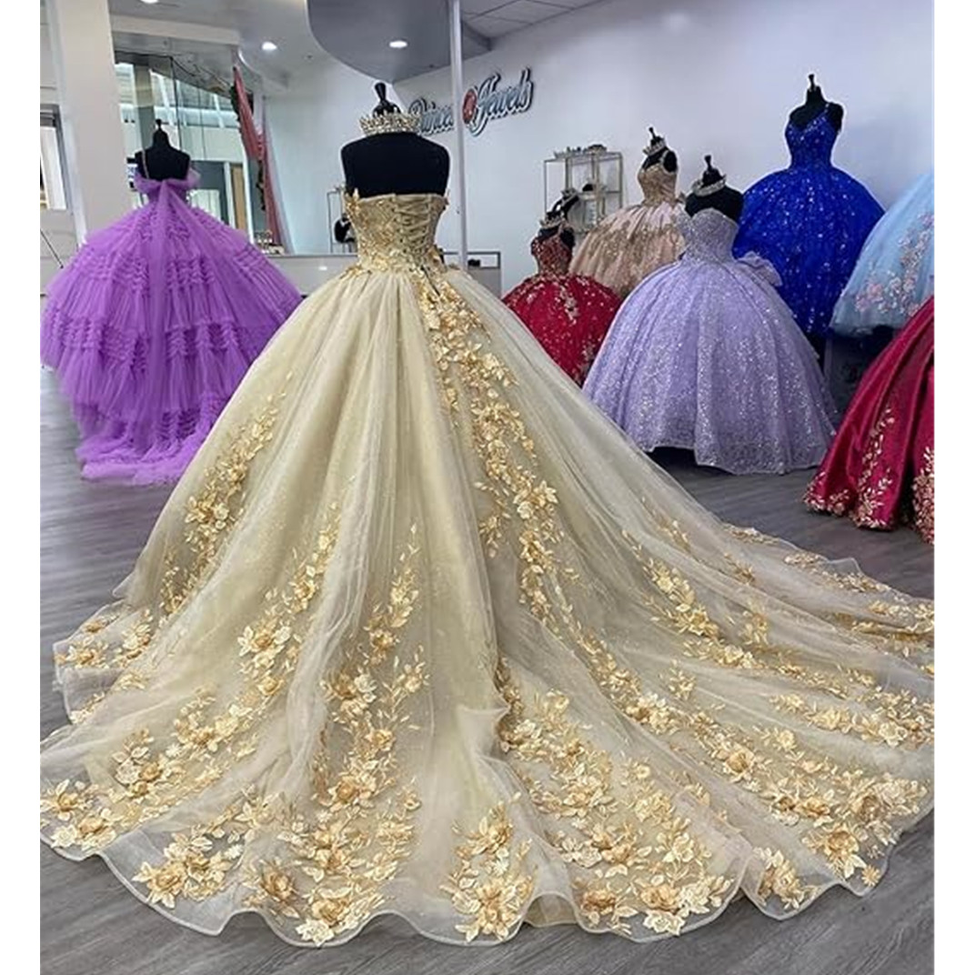 Glitter Tulle Quinceanera Dresses Floral 3D Flowers Applique Crystal Beads Off The Shoulder Corset Back Sweet 16 Dress Graduation Pageant Gowns