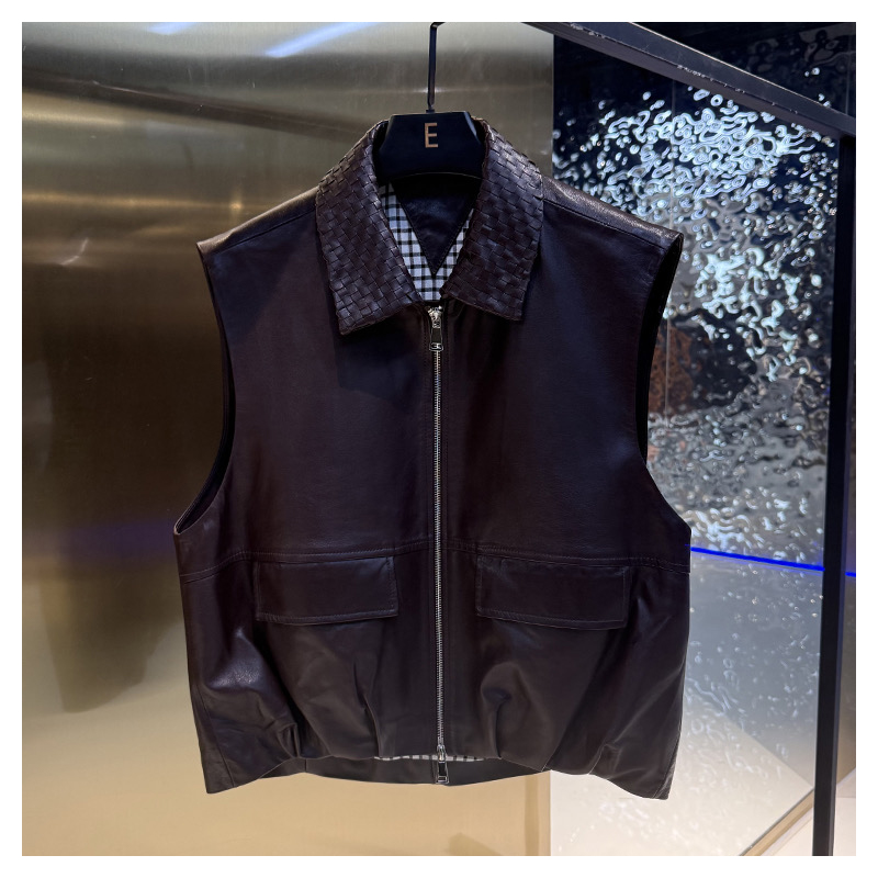 Genuine leather sheepskin woven collar, contrasting plaid lining, leather vest, camisole jacket for casual women