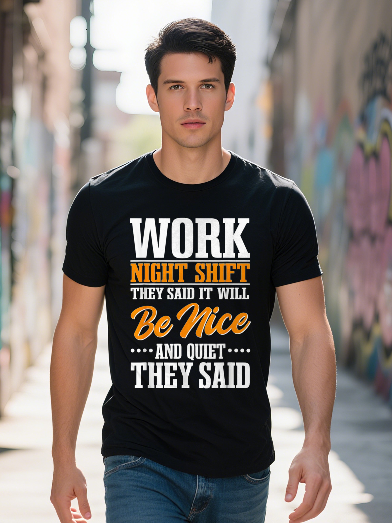 Men s g Cotton T Shirt Night Shift Worker Graphic Print Casual Crew Neck Short Sleeve Tee Black with d58de
