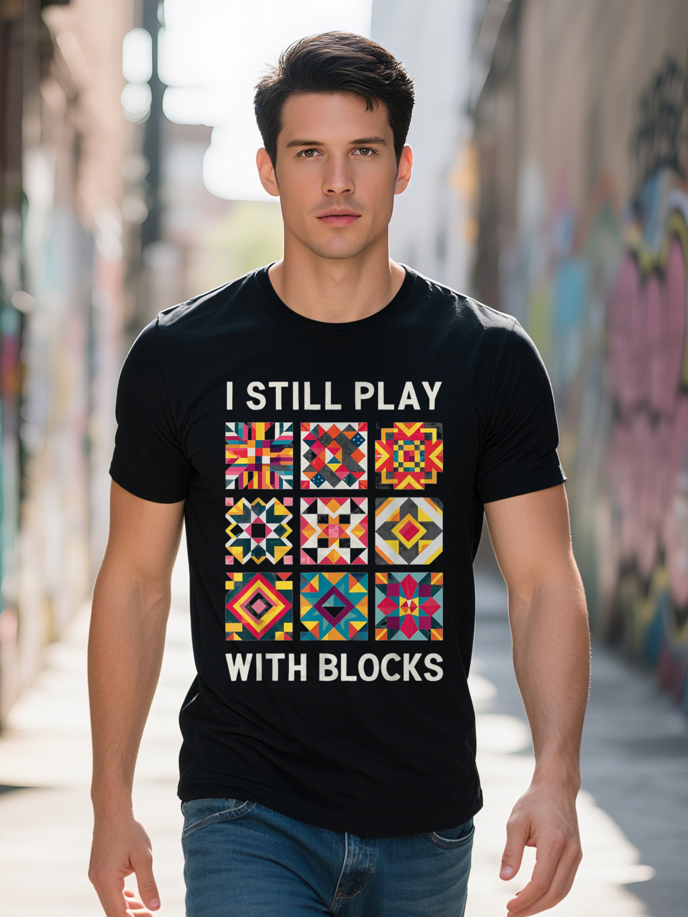 Men s I Still Play with Blocks Quilting Graphic T Shirt Cotton Short Sleeve Crew Neck in Black Colorful Design 26fa2