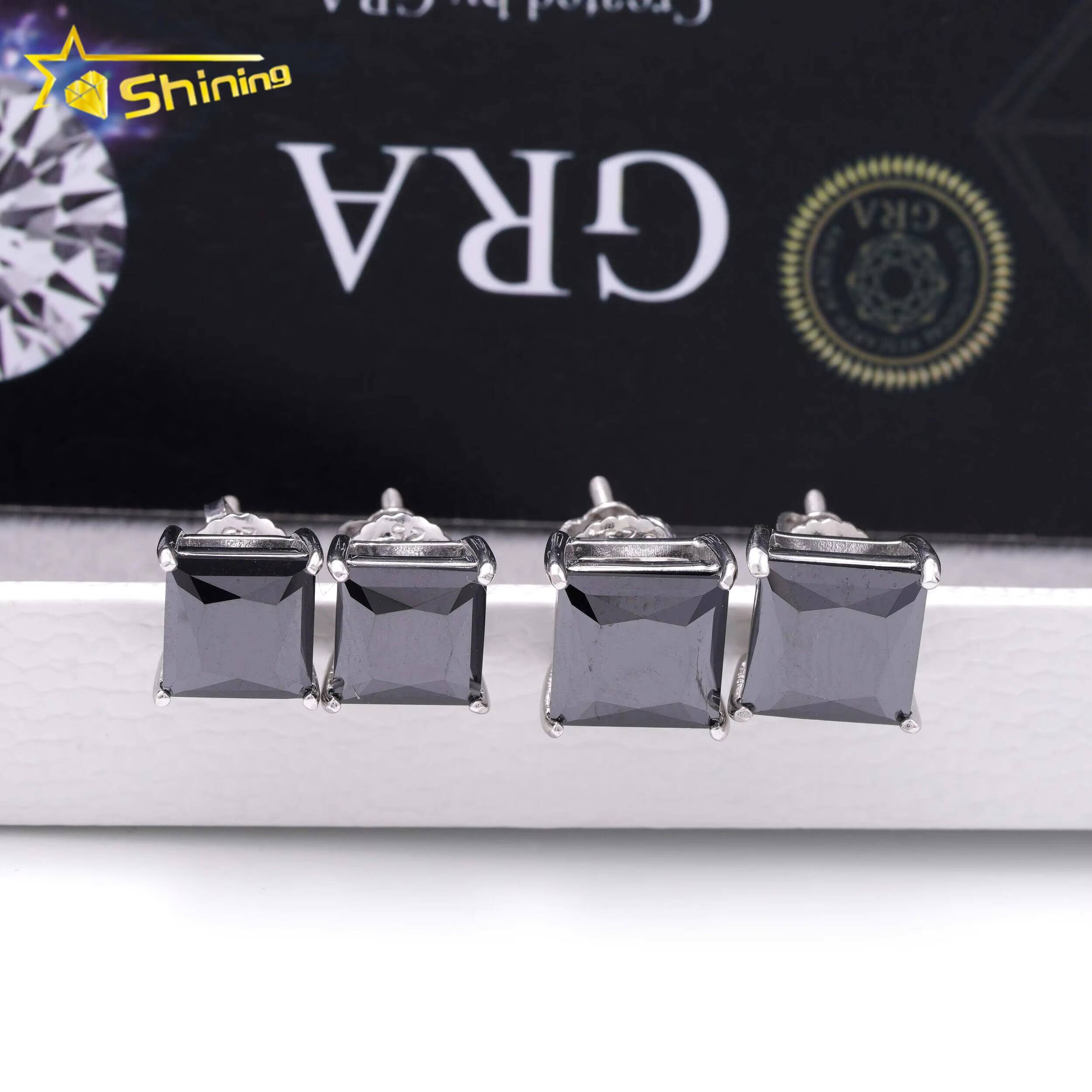 Hot Sale Pass Diamond Tester 925 Sterling Silver Screw Back Hip Hop Princess Cut Black Moissanite Earrings