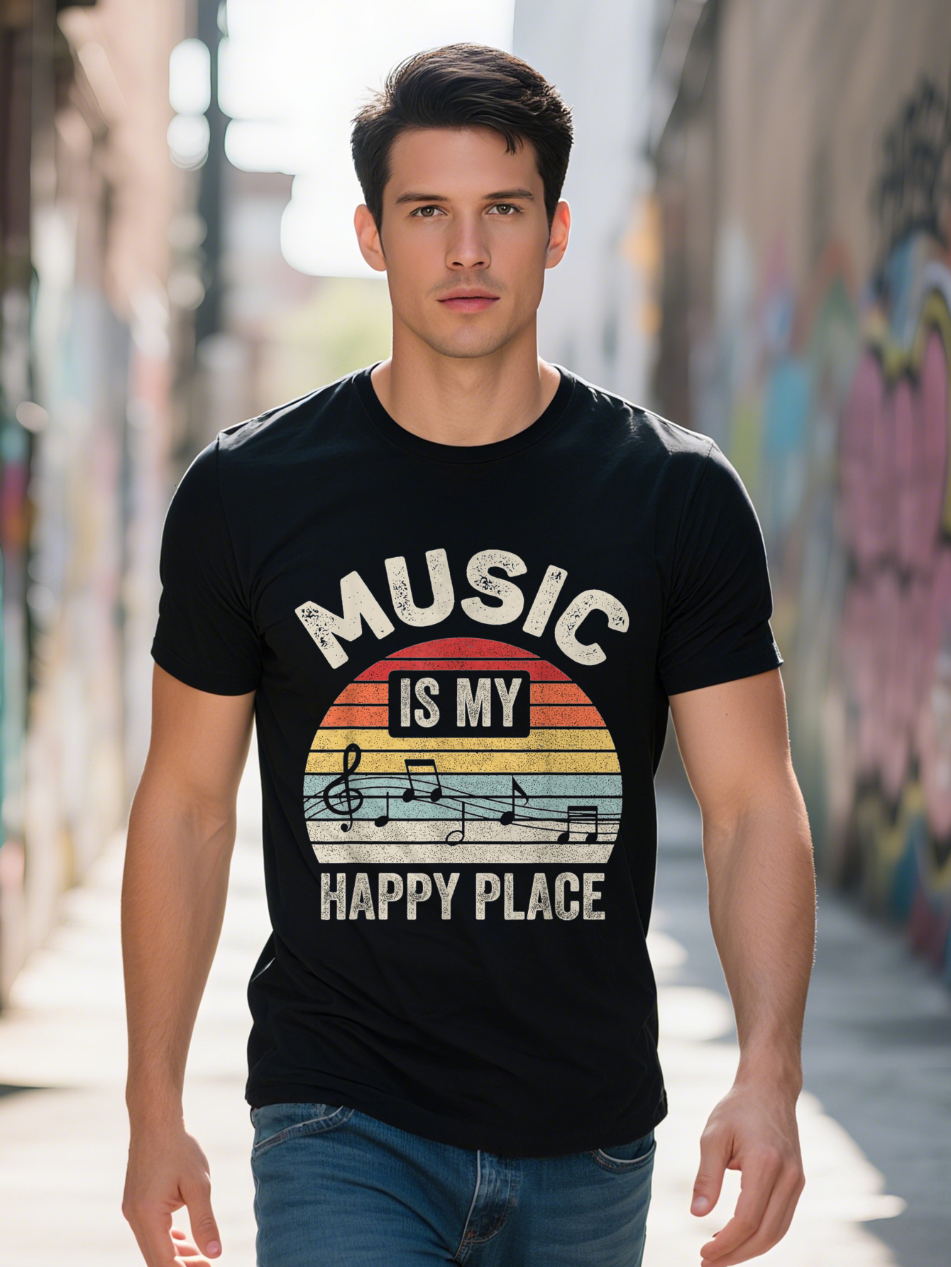 Men s Retro Is My Happy Place Graphic T-Shirt Cotton Short Sleeve Round Neck Music Inspired Design 3fc10