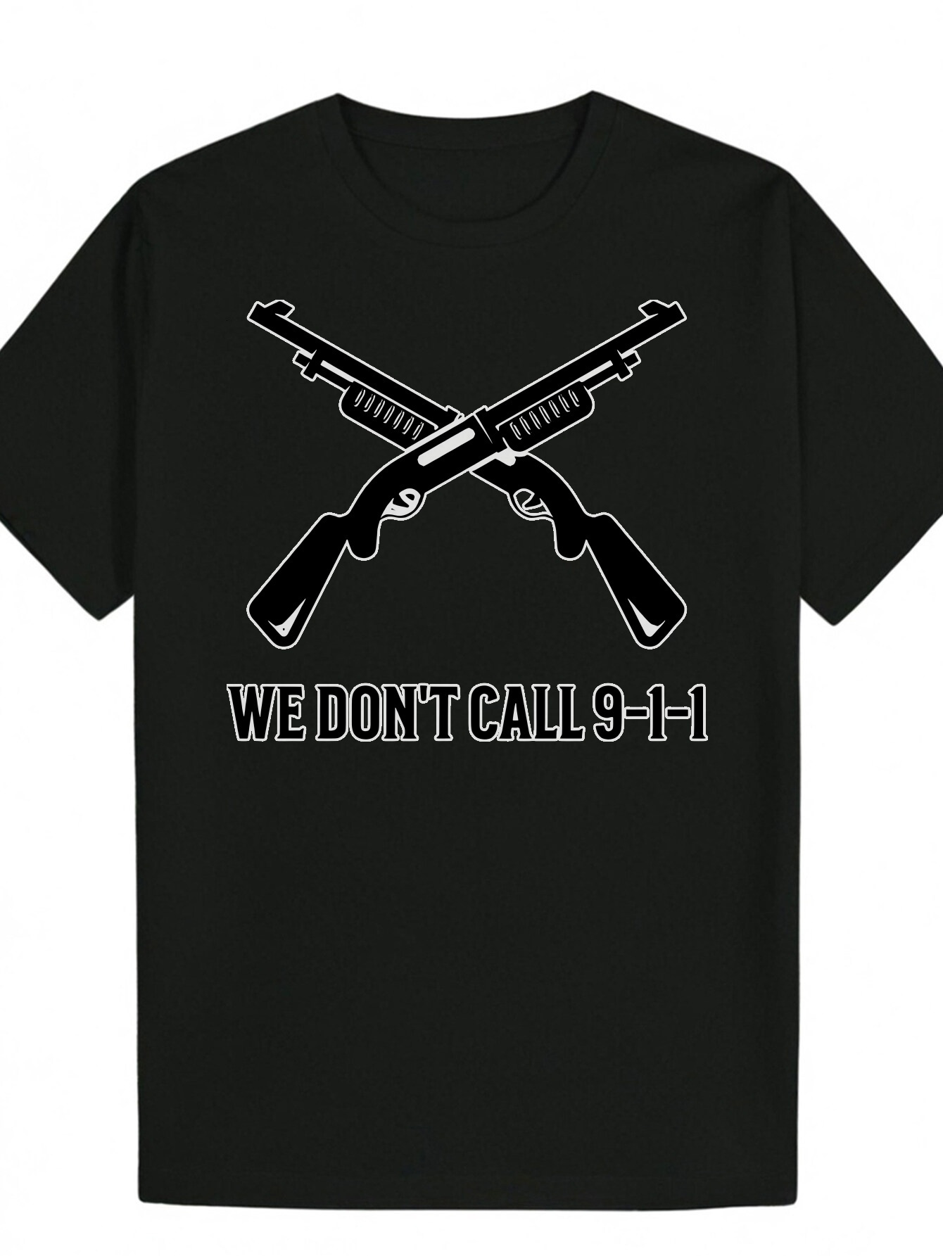 Men's Casual Crew Neck with Complex Gun Illustration - "We Don't Call 9-1-1" Design, Black Polyester, Summer Style, Everyday Bold 