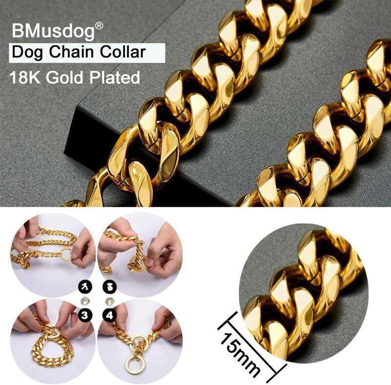 Dog Cuban Link Stainless Steel Metal Links 15MM Heavy Duty Walking Training Chain Collar for Small Medium Large Dogs(26 ) Gold Free shipping