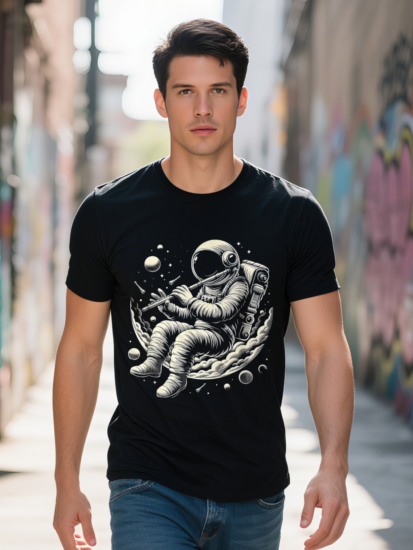 Men S g Cotton Astronaut Playing Musician Music Lover Flute Player T-shirt 4df3a