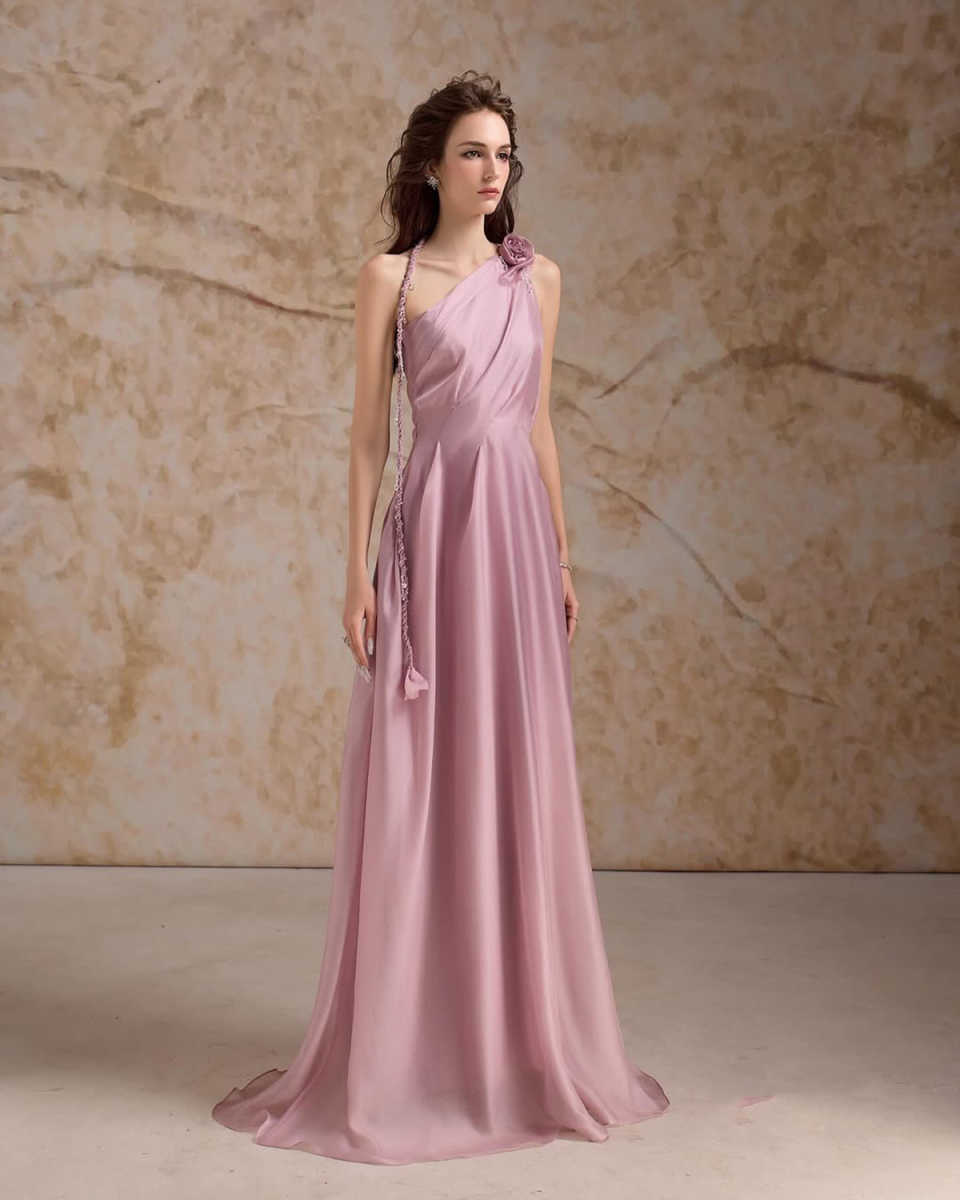 New Design One Shoulder Evening Dress Pleat Flower Sleeveless Party Dresses Floor Length Modern Style Cocktail Prom Gowns