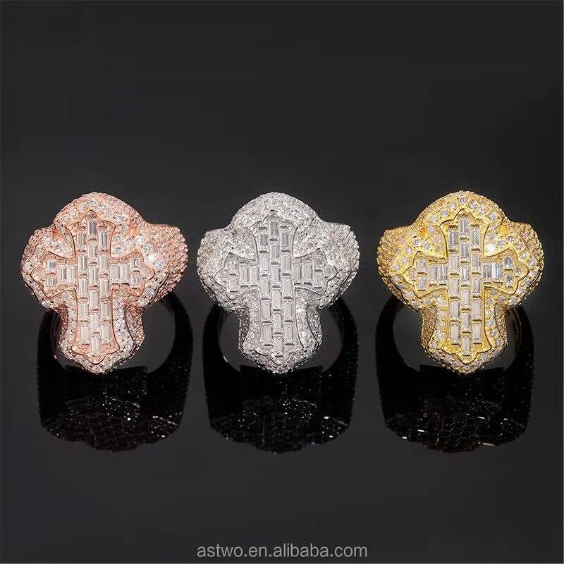 925 Sterling Silver Cross Moissanite Ring Hip Hop Baguette Cut Statement Jewelry Moissanite Hip Hop Ring