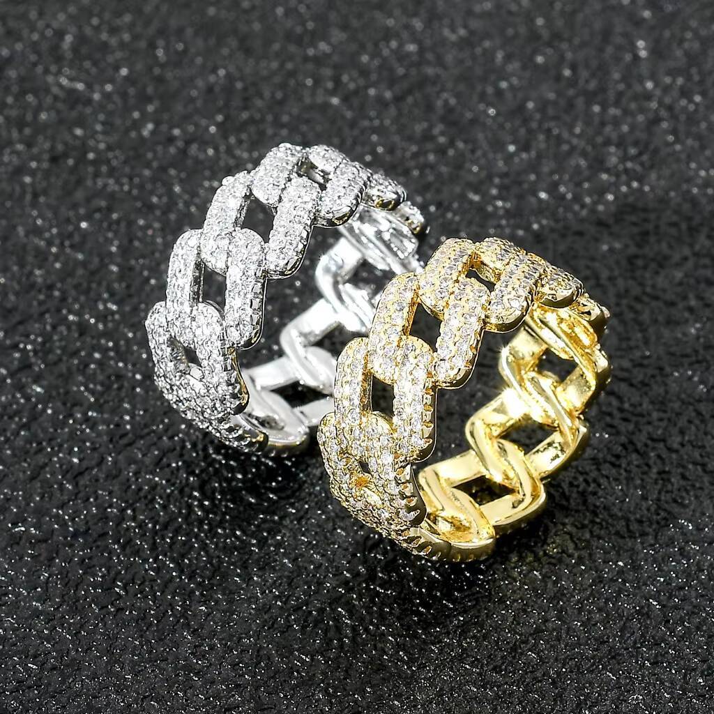 New Hip Hop Ring 14K Gold Plated Jewelry Fashion Diamond Ring Bling Iced Out CZ Cuban Chain Ring Hip Hop Jewelry for Men