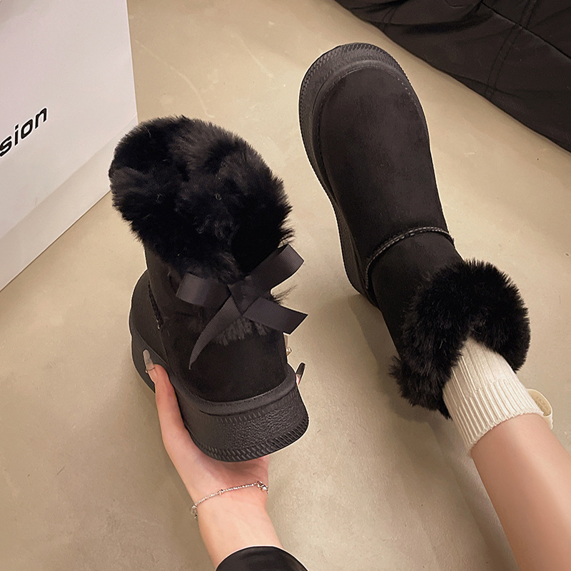 Fleece - Lined and Thickened Snow Boots with Slip - On Design new Winter Style Thick Sole Furry Opening Bow - Knot Warm Large - Size Cotton Shoes