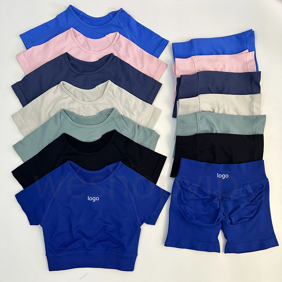 2pcs Women Seamless Yoga Set Workout Short Sleeve Sport Crop Top Scrunch Bum Shorts Fiess Clothes Gym Suit