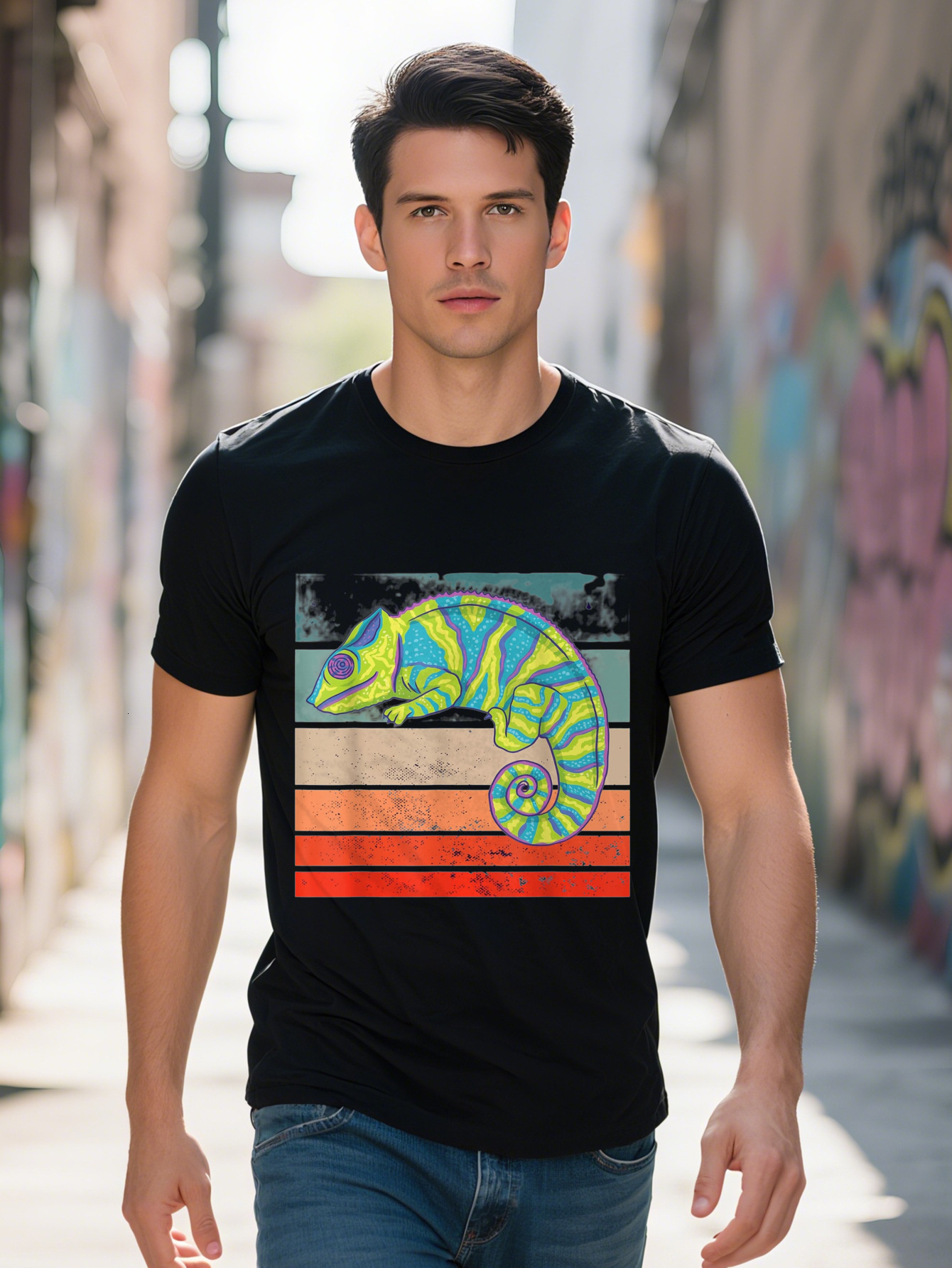 Men s g Cotton T Shirt Vibrant Cartoon Lizard Graphic Print Short Sleeve Crew Neck Tee for Casual Attire f048d