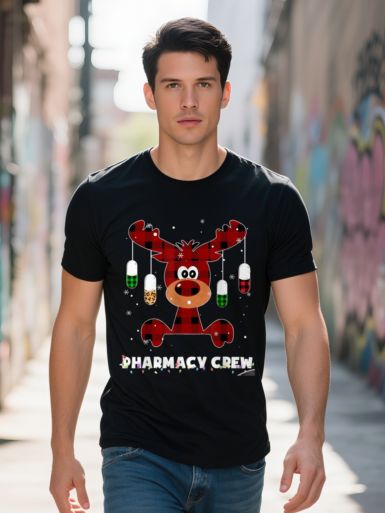 Funny Red Plaid Reindeer Phary Crew Christmas Gift T Shirt Cotton 821e7
