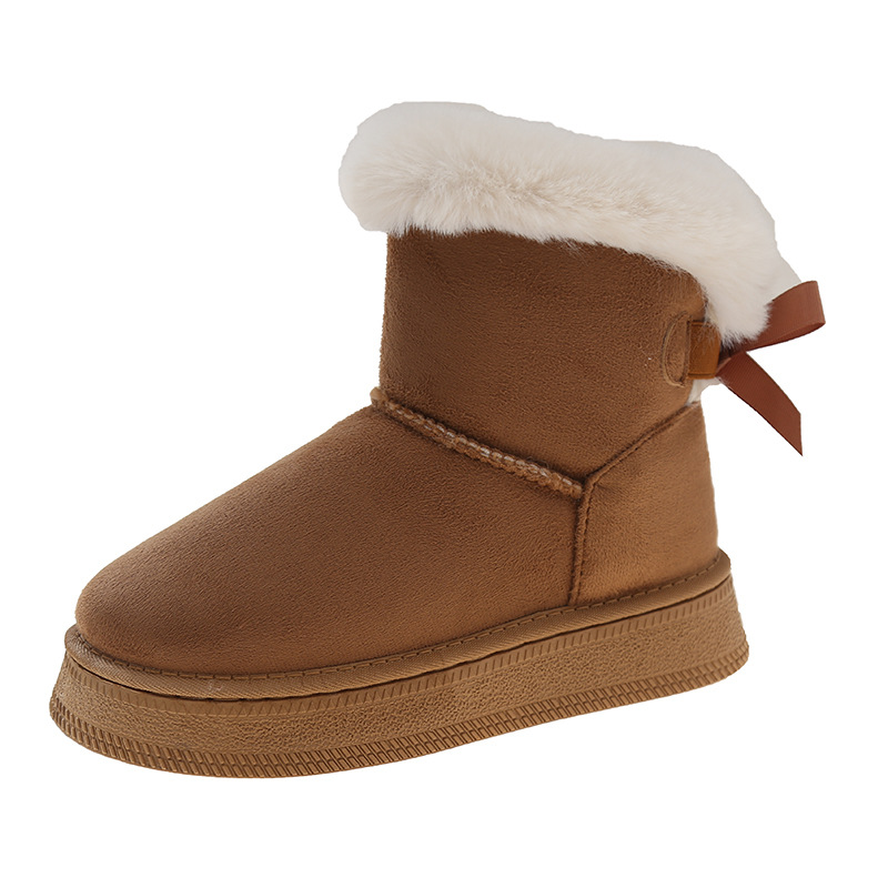Fleece - Lined and Thickened Snow Boots with Slip - On Design new Winter Style Thick Sole Furry Opening Bow - Knot Warm Large - Size Cotton Shoes
