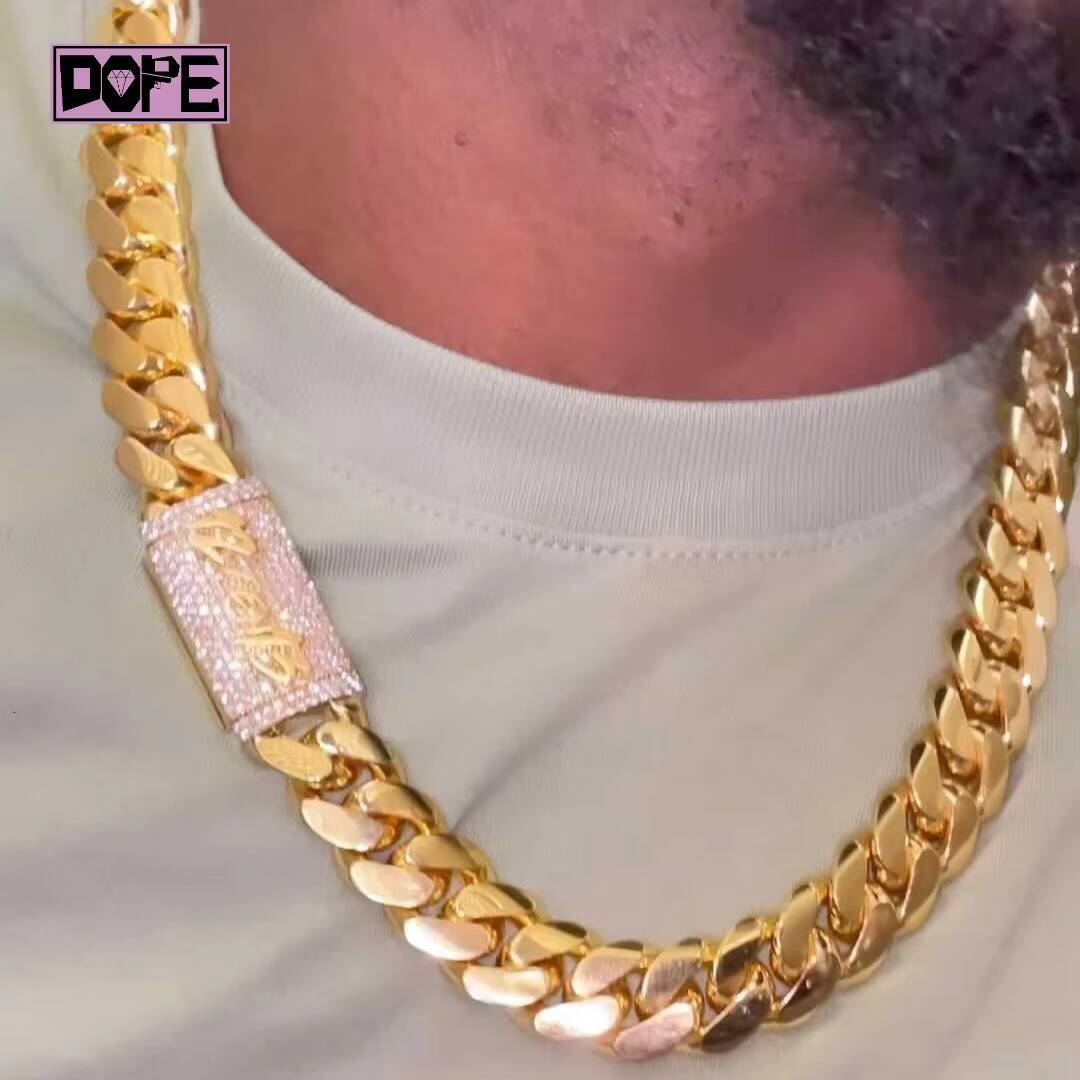 15MM Plain Cuban Chain Custom Moissanite Clasp Hiphop 925 Sliver Gold Plated Iced Out Cuban Link Chain