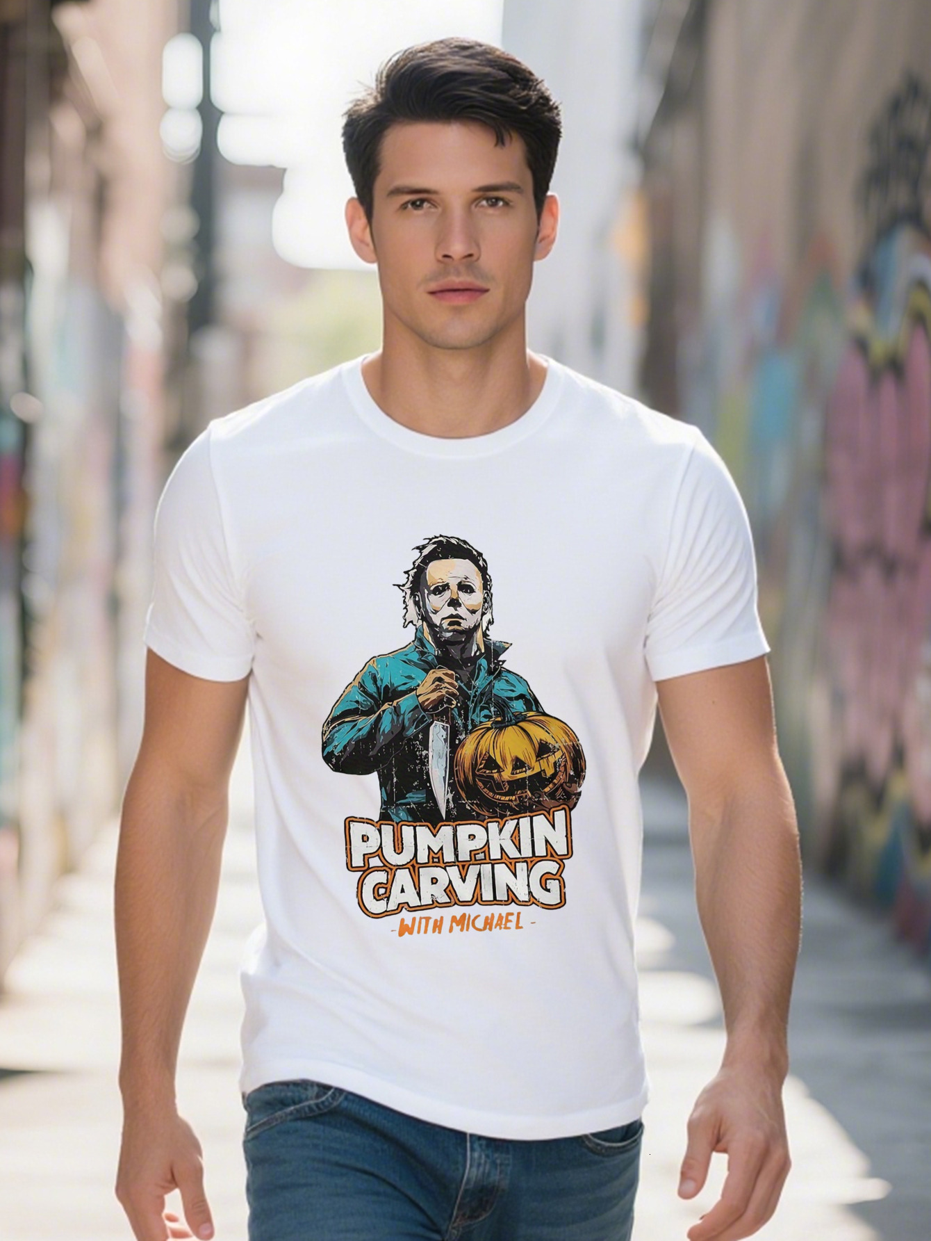 Halloween Horror Movie Short Sleeve Pumpkin Carving Men's T-shirt Costume Party Tee Shirt c50b3