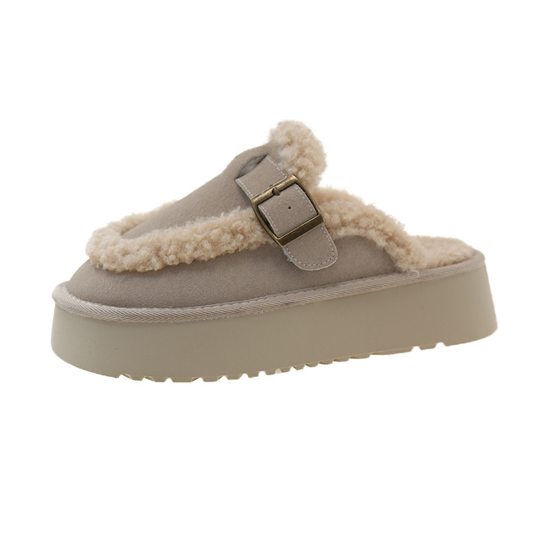 Women's Outdoor Cotton Slippers New 2025 Autumn/Winter Style Fleece-lined Fluffy Lazy One-step-on, Closed-toe Half Slippers