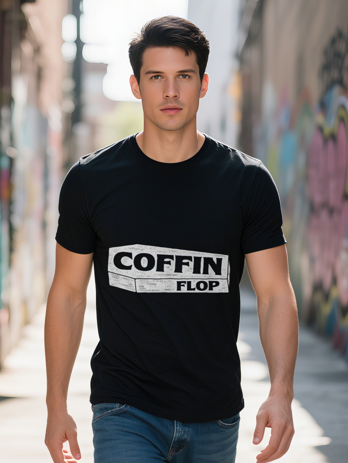 Men s Coffin Flop Graphic Tee Cotton Short Sleeve Crew Neck in Black Casual Comfortable with Trendy TV Print 3de01