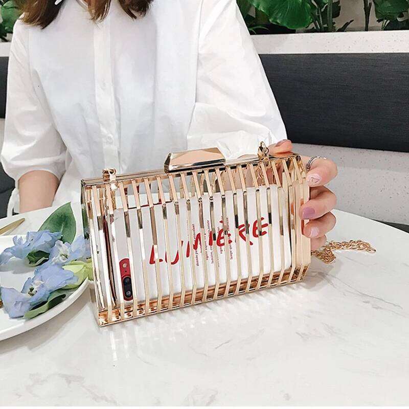 Gold Chain Crossbody Bags Iron Cage Metal Hollow Out Evening Clutch Purse Women Party Wedding Handbags Prom Bolso