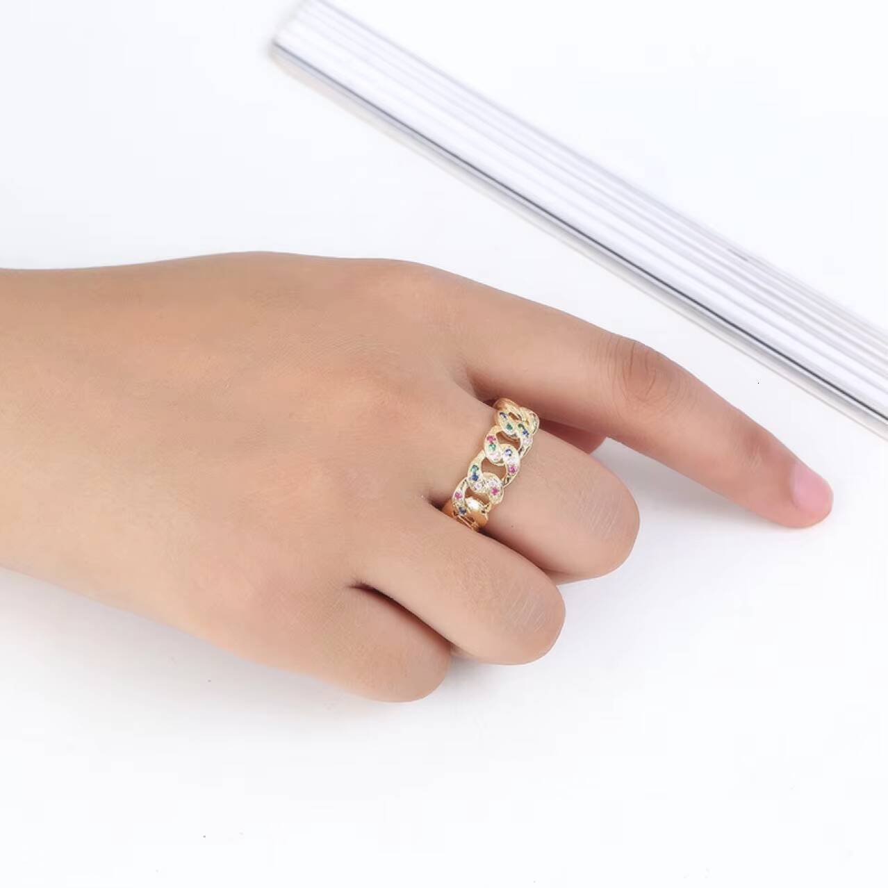 Hiphop Luxury Stainless Steel Zircon Paved Mens Fashion Cuban Link Chain Ring for Men